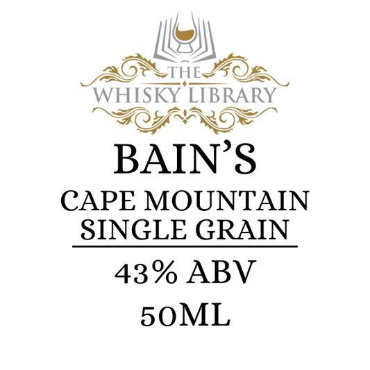 Bain's Cape Mountain Single Grain whisky label from The Whisky Library on a white background