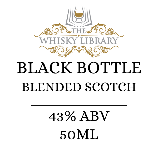 Label for Black Bottle Blended Scotch from The Whisky Library on a white background