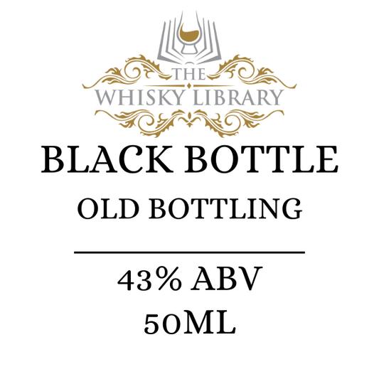 Label for 'Black Bottle Old Bottling' from The Whisky Library with alcohol volume and size information.