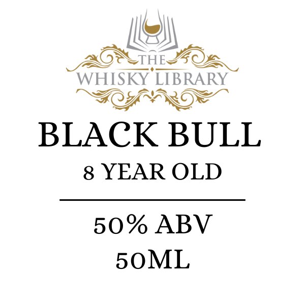 Black Bull 8 Year Old whisky label from The Whisky Library on a white background
