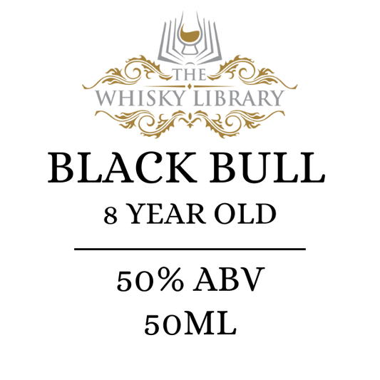 Black Bull 8 Year Old whisky label from The Whisky Library on a white background