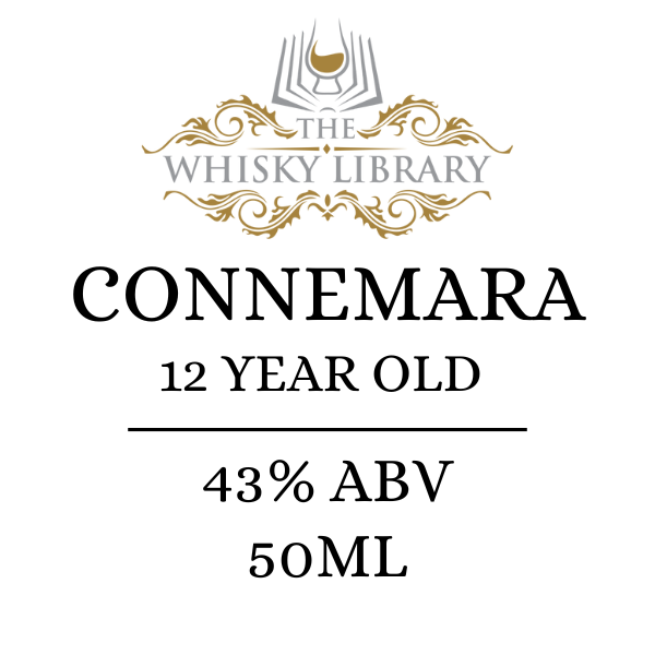 Whisky label for Connemara 12 Year Old whisky from The Whisky Library on a white background.