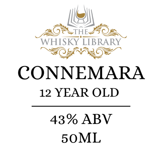 Whisky label for Connemara 12 Year Old whisky from The Whisky Library on a white background.