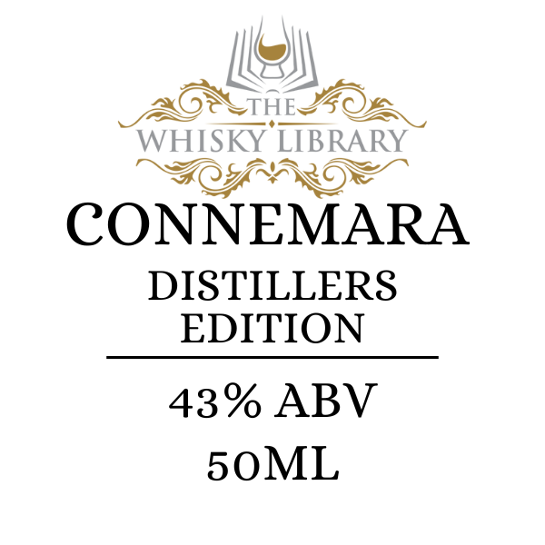 Label for Connemara Distillers Edition whisky from The Whisky Library on a white background