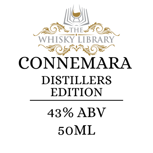 Label for Connemara Distillers Edition whisky from The Whisky Library on a white background