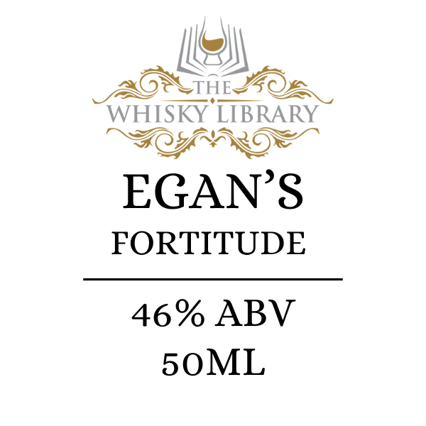 Label for Egan's Fortitude whisky from The Whisky Library with ABV and volume information.