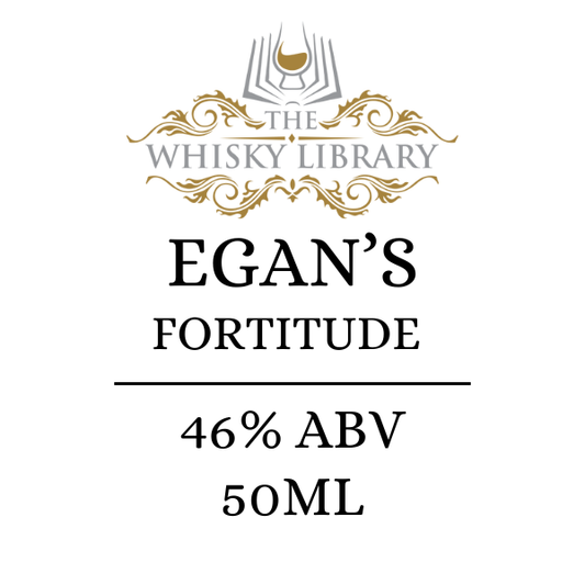 Label for Egan's Fortitude whisky from The Whisky Library with ABV and volume information.
