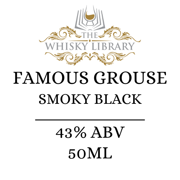 Famous Grouse Smoky Black whisky label with branding and product details.