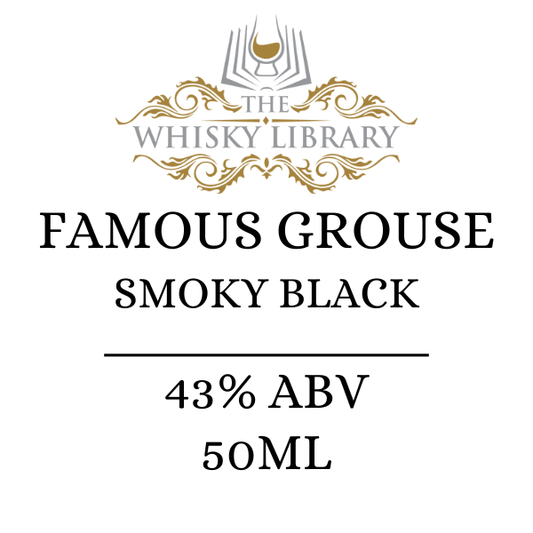 Famous Grouse Smoky Black whisky label with branding and product details.
