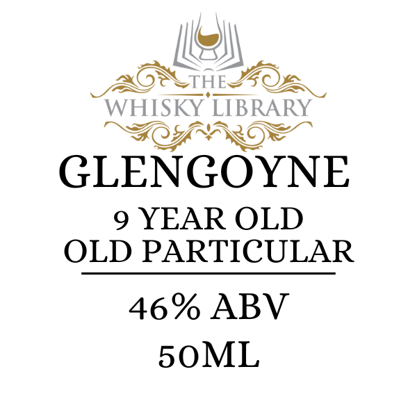 Label for Glengoyne 9 Year Old Old Particular whisky from The Whisky Library on a white background.