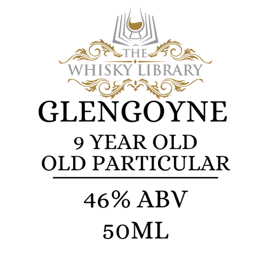 Label for Glengoyne 9 Year Old Old Particular whisky from The Whisky Library on a white background.