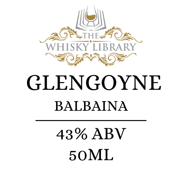 The Whisky Library label featuring the Glengoyne Balbaína whisky name and 43% ABV on a white background.