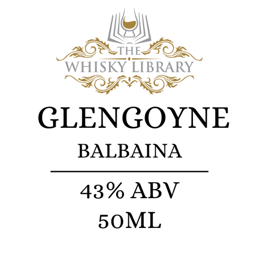 The Whisky Library label featuring the Glengoyne Balbaína whisky name and 43% ABV on a white background.
