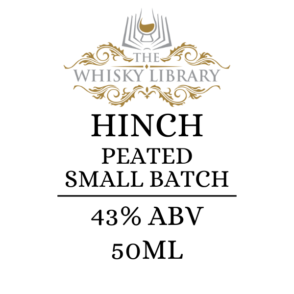 Label for Hinch Peated Small Batch whisky from The Whisky Library on a white background