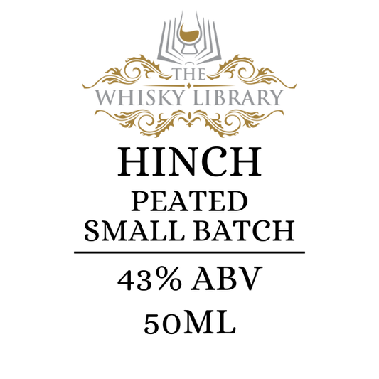Label for Hinch Peated Small Batch whisky from The Whisky Library on a white background