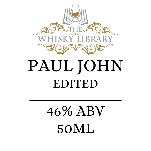 Label for Paul John whiskey from The Whisky Library with branding and product details.