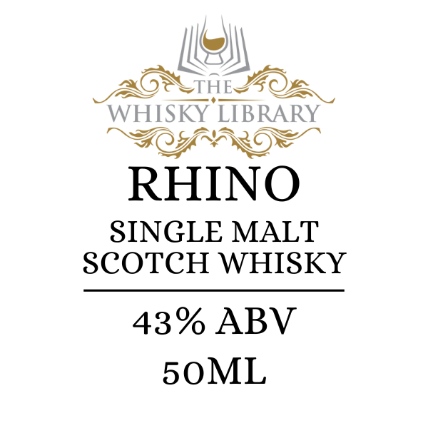 Label for Rhino Single Malt Scotch Whisky from The Whisky Library on a white background