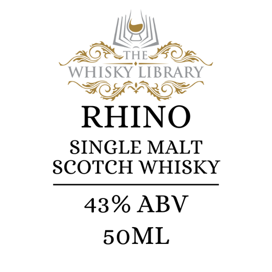 Label for Rhino Single Malt Scotch Whisky from The Whisky Library on a white background