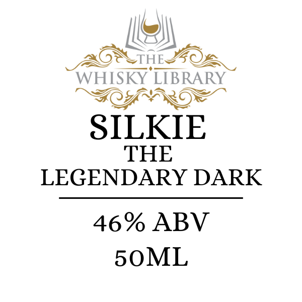 Label for 'Silkie The Legendary Dark' whisky from The Whisky Library on a white background.