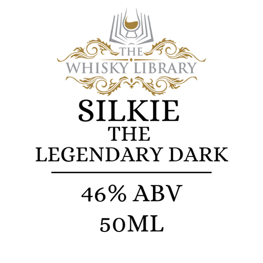 Label for 'Silkie The Legendary Dark' whisky from The Whisky Library on a white background.