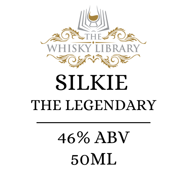 Label for 'Silkie The Legendary' whisky from The Whisky Library with branding and product details.