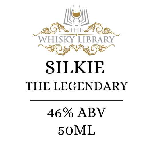 Label for 'Silkie The Legendary' whisky from The Whisky Library with branding and product details.