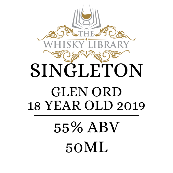 Label of Singleton Glen Ord 18 Year Old 2019 whisky from The Whisky Library on a white background.