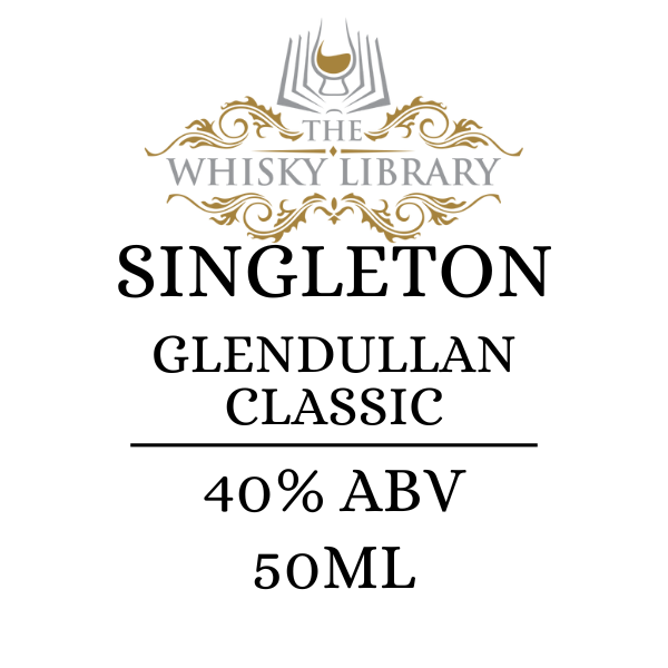 Label for Singleton Glendullan Classic whisky from The Whisky Library on a white background