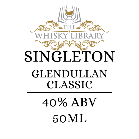 Label for Singleton Glendullan Classic whisky from The Whisky Library on a white background