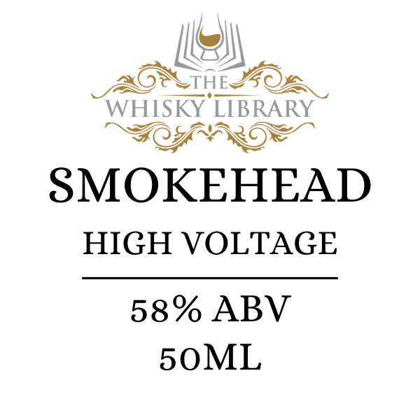 Label for Smokehead High Voltage whisky from The Whisky Library with ABV and volume information.