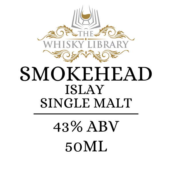 The Whisky Library label featuring the Smokehead Scotch Whisky name and 43% ABV on a white background.