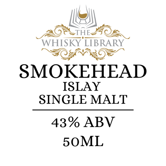 The Whisky Library label featuring the Smokehead Scotch Whisky name and 43% ABV on a white background.