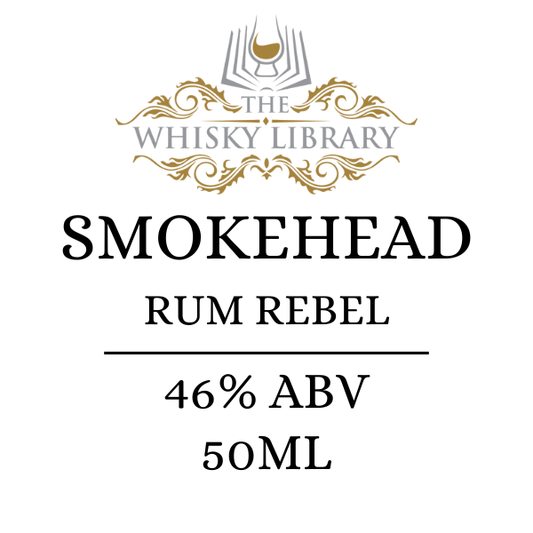 Label for Smokehead Rum Rebel from The Whisky Library on a white background