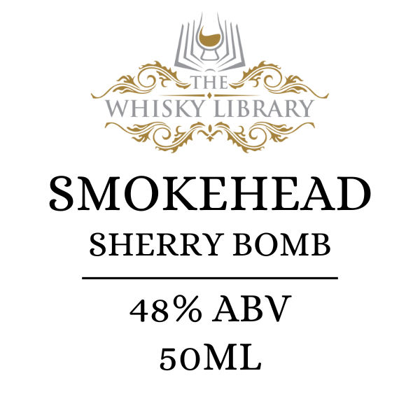 The Whisky Library label featuring the Smokehead Sherry Bomb whisky name and 48% ABV on a white background.