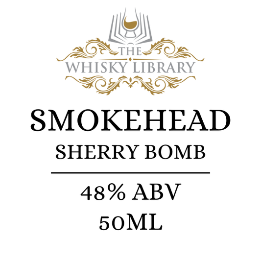 The Whisky Library label featuring the Smokehead Sherry Bomb whisky name and 48% ABV on a white background.
