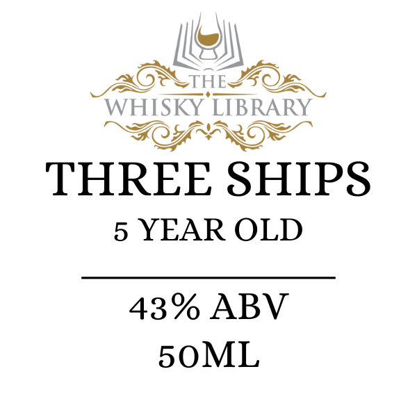 Label for 'Three Ships' whisky from The Whisky Library with details on alcohol content and volume.