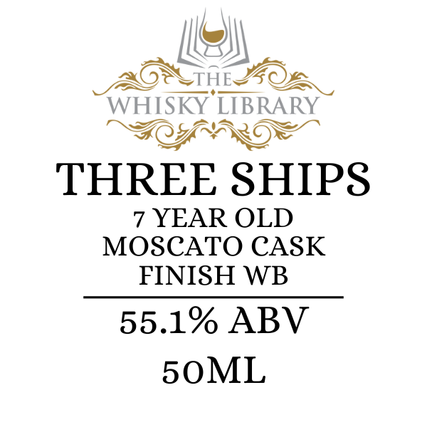 Label for 'Three Ships' whisky from The Whisky Library with details like age, cask finish, alcohol by volume, and volume.