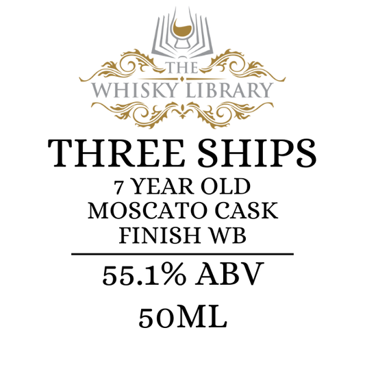 Label for 'Three Ships' whisky from The Whisky Library with details like age, cask finish, alcohol by volume, and volume.