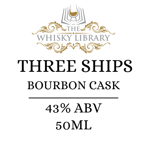 Label for 'Three Ships Bourbon Cask' from The Whisky Library on a white background