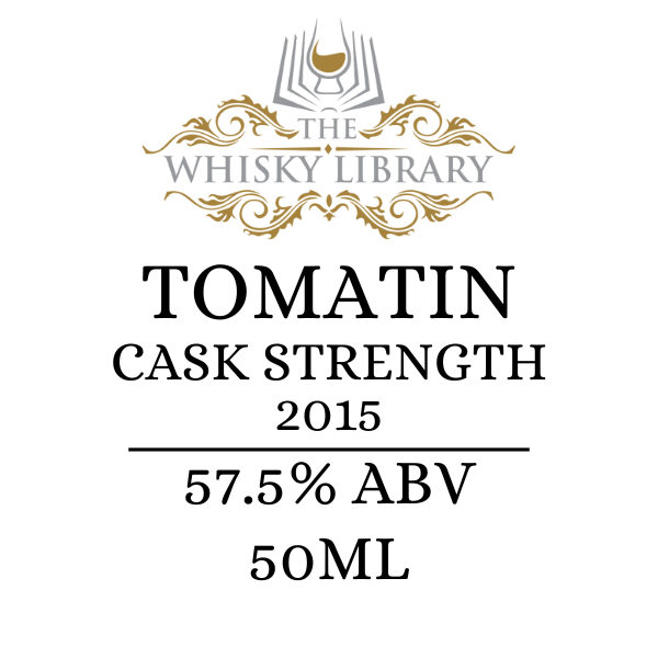Whisky label for Tomatin Cask Strength 2015 from The Whisky Library on a white background
