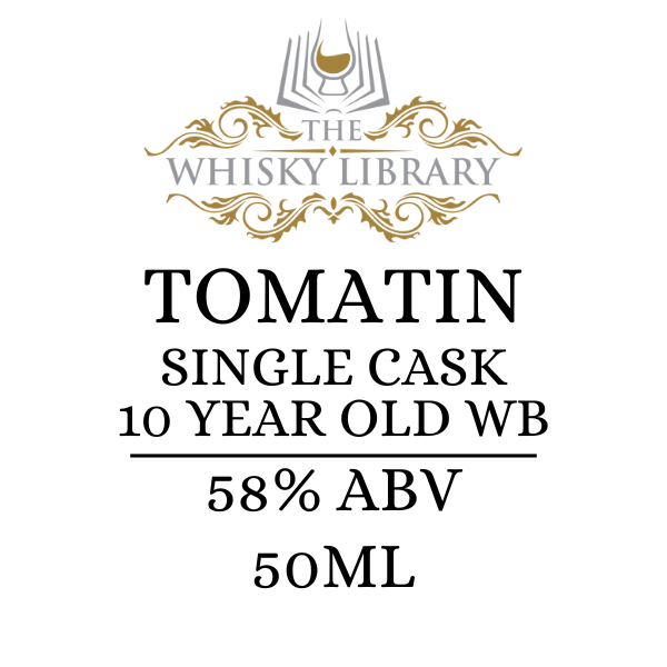 Whisky label for Tomatin Single Cask 10 Year Old WB from The Whisky Library on a white background.