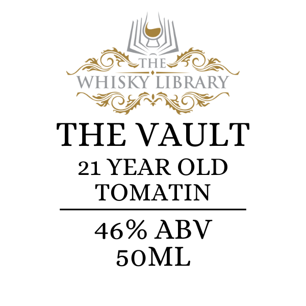 Label for 'The Vault 21 Year Old Tomatin' whisky from The Whisky Library on a white background.