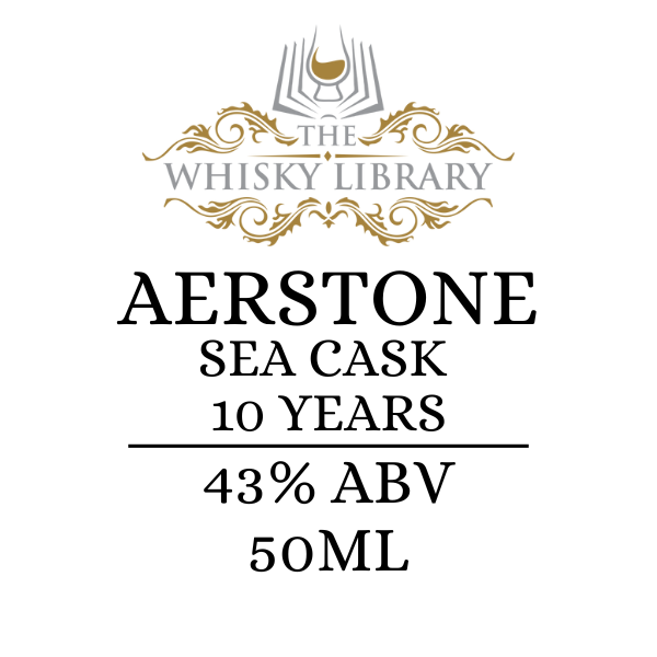 Whisky label for 'Aerstone Sea Cask 10 Years' from 'The Whisky Library' on a white background.