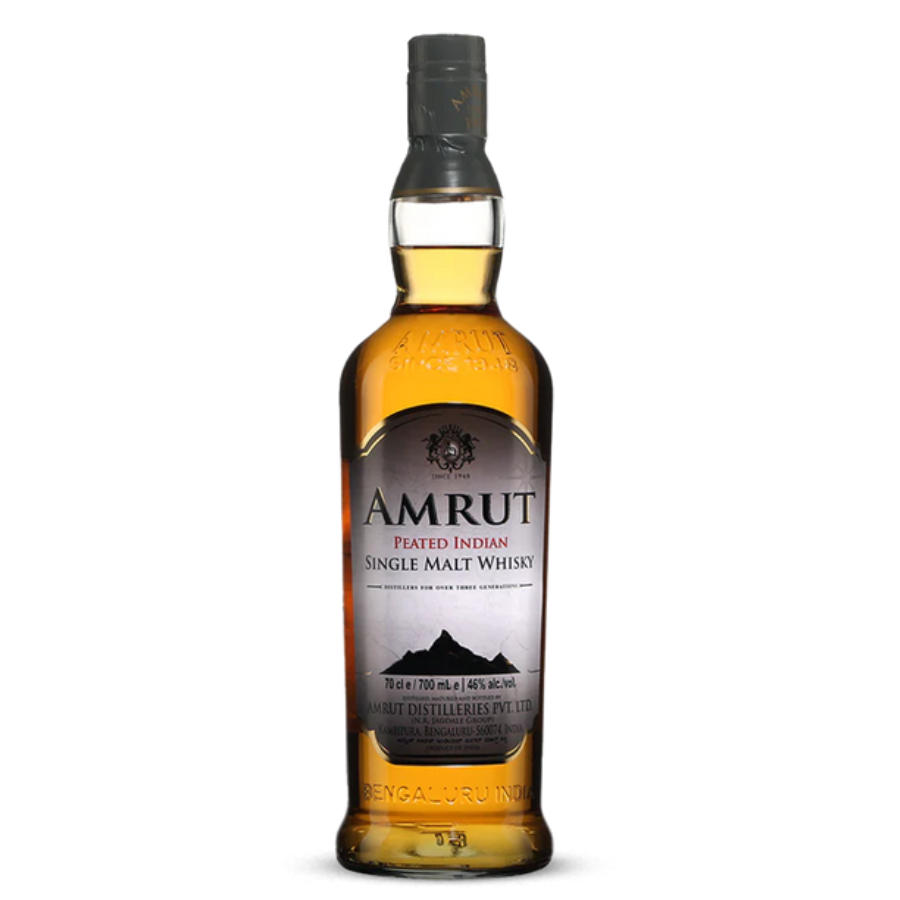 Amrut single malt whisky bottle on a white background