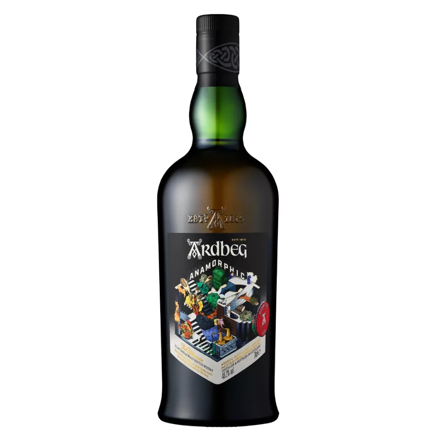 Alcohol bottle with a colorful label on a white background