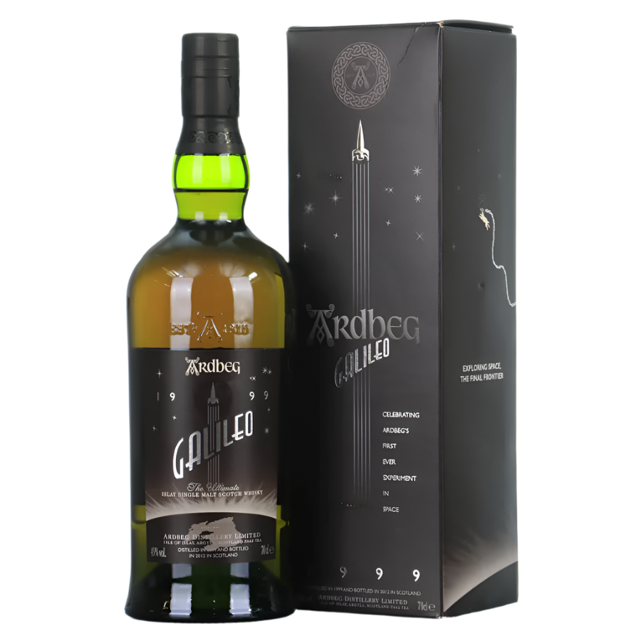 Ardbeg Galileo whisky bottle and packaging on a white background