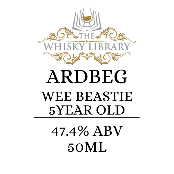 Whisky label for Ardbeg Wee Beastie 5 Year Old from The Whisky Library on a white background