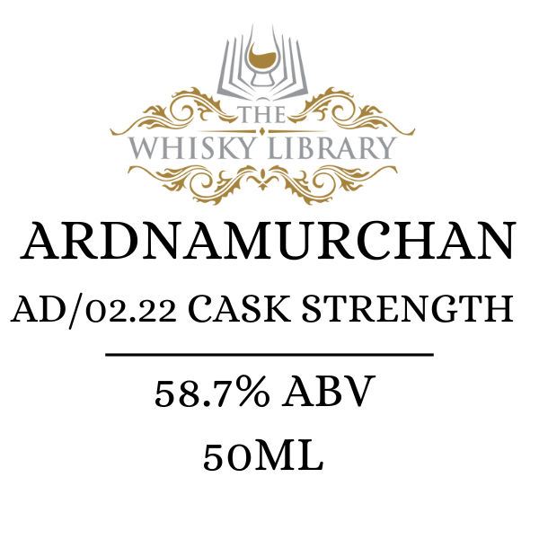 Ardnamurchan whisky label from The Whisky Library with details like ABV and volume.