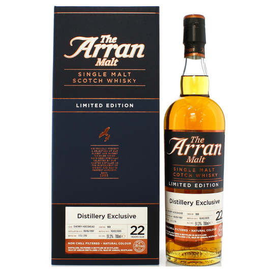 The Arran Malt 1997 22yo single malt Scotch whisky bottle and packaging on a white background