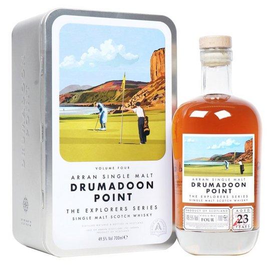Arran Single Malt Drumadoon Point whisky bottle and packaging with golf scene illustration.